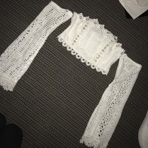 white lace off the shoulder crop top